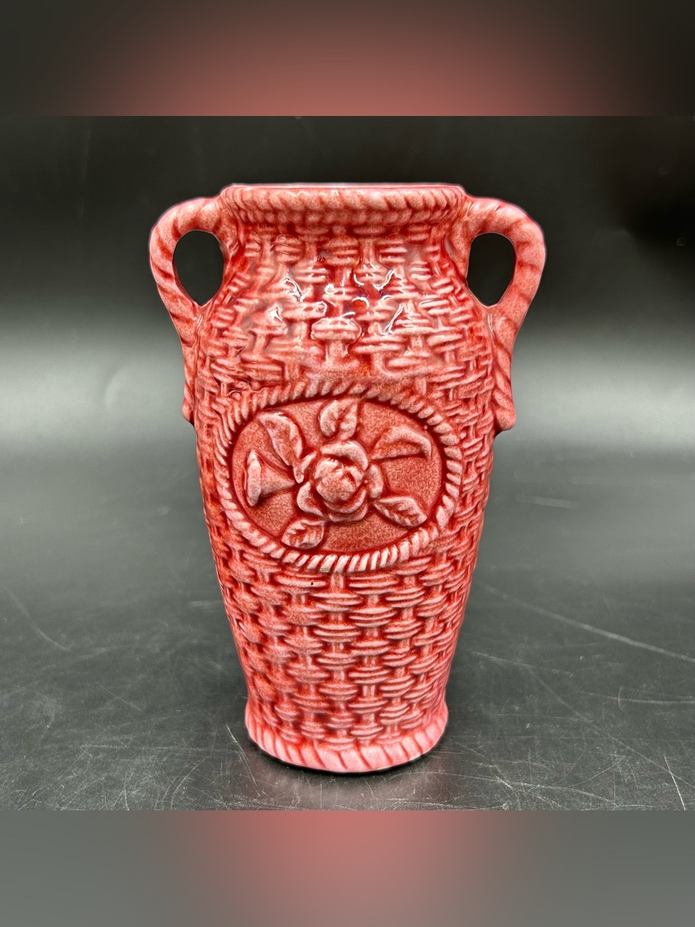 Vintage USA Pottery Red Basket Weave Rose Double Handle Vase 5 Inch